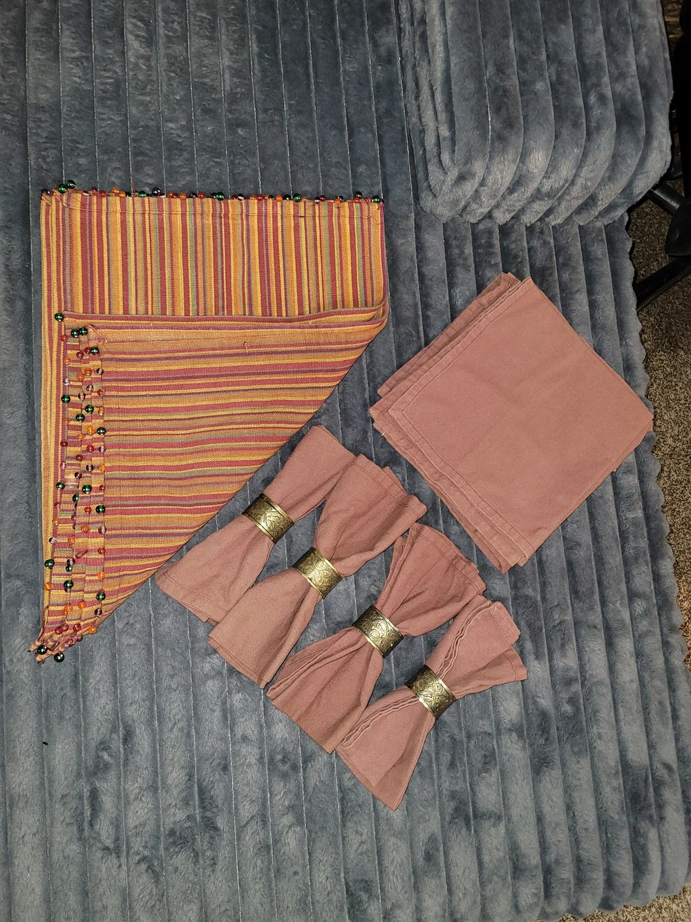 Pier 1 Rust Cloth Napkins with Striped Multicolor Beaded Runner And Napkin Rings